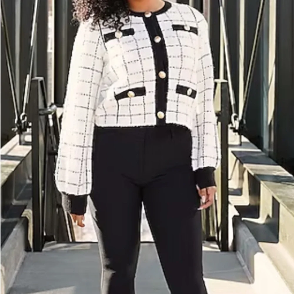 “Express” Chic plaid white/black sweater jacket with novelty buttons; XS; NWOT